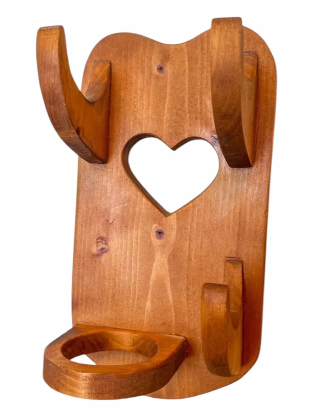 Vintage Handcrafted Wooden Hair Dryer & Curler Holder with Heart Cutout